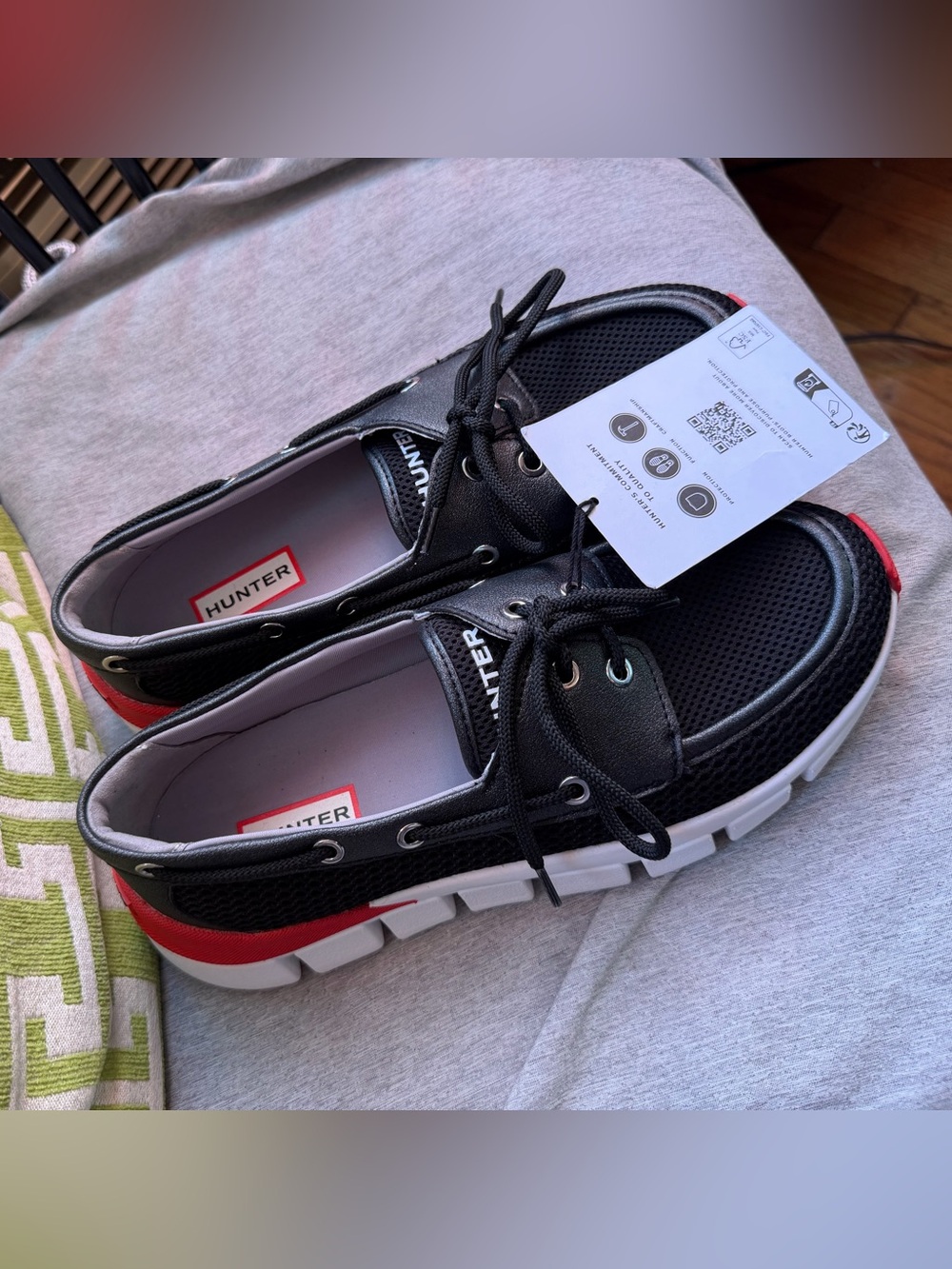 Hunter Black and Red Men's Boat Shoes with White Sole